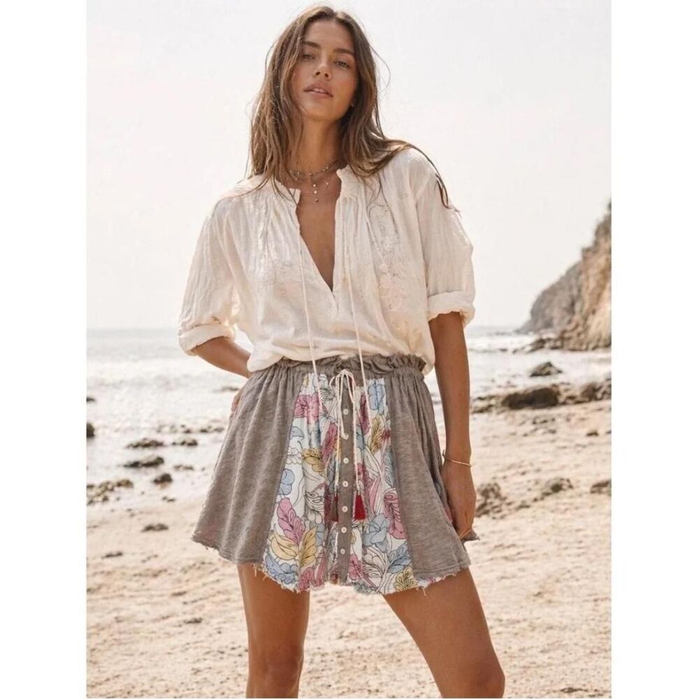 Free People Floral Patchwork Mini Skirt | Frayed Hem | Boho Chic